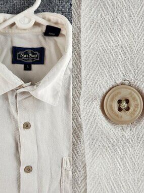 Nat Nast Short Sleeve Ivory Button Up Shirt Men Large Silk Cotton Blend Pocket